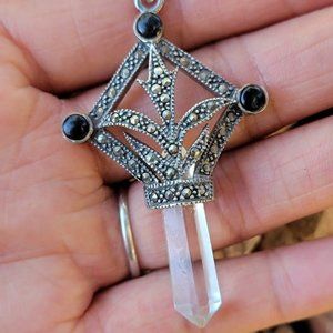 Vintage 925 sterling silver onyx + marcasite + crystal tower prism talisman pend